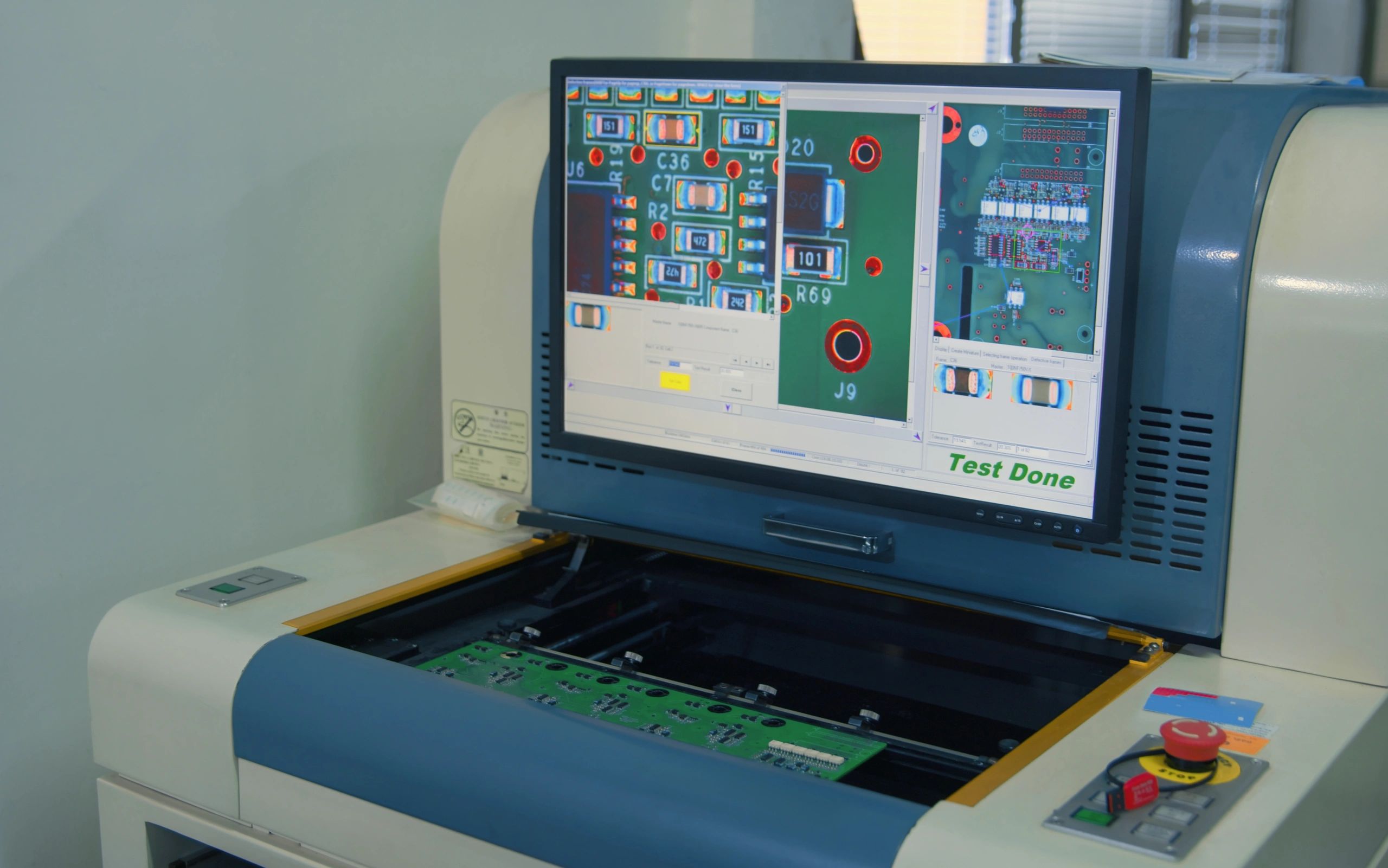 Tested circuit board at quality control workstation
